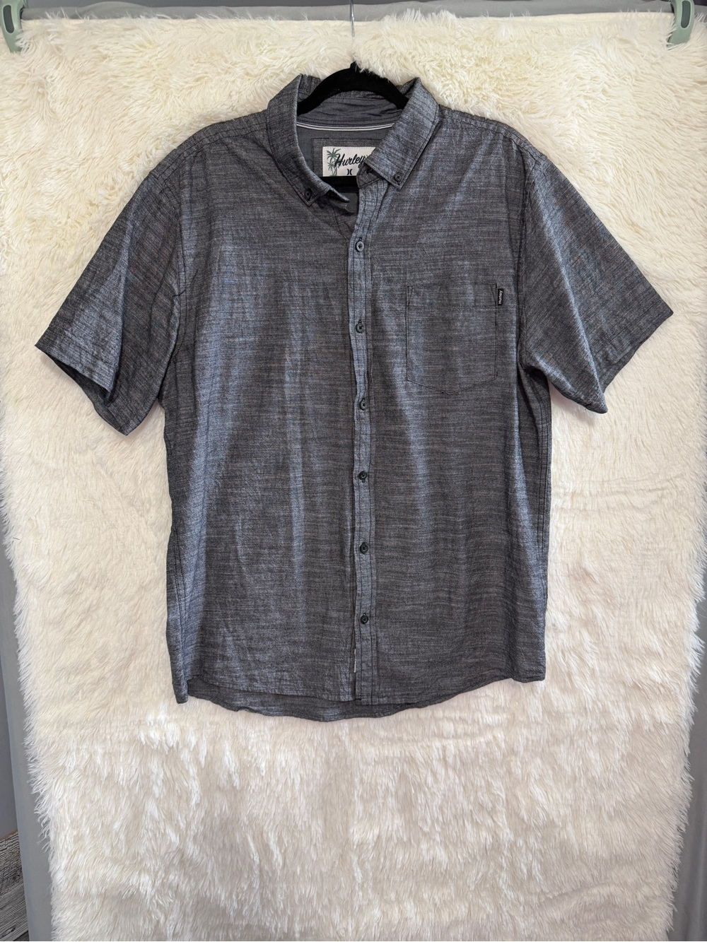 Hurley Mens Textured Short Sleeve Button Up Shirt Size L Grey Cotton Summer